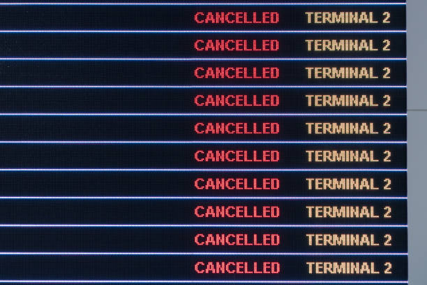 istock Flights cancellation status on flights information board in airport because coronavirus or pandemic effected. 1299699276