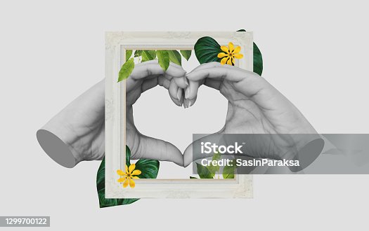 istock Digital collage modern art, Hands making Heart symbol, with retro picture frame and tropical leaves and flower 1299700122