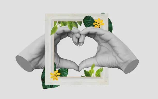 Photo of Digital collage modern art, Hands making Heart symbol, with retro picture frame and tropical leaves and flower