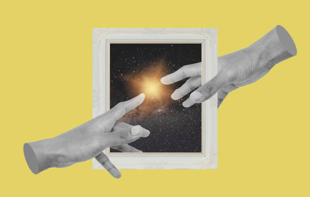 istock Digital collage modern art. Hands reaching with picture frame 1299700124