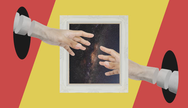 istock Digital collage modern art, Two Hand reaching through retro picture frame 1299700135