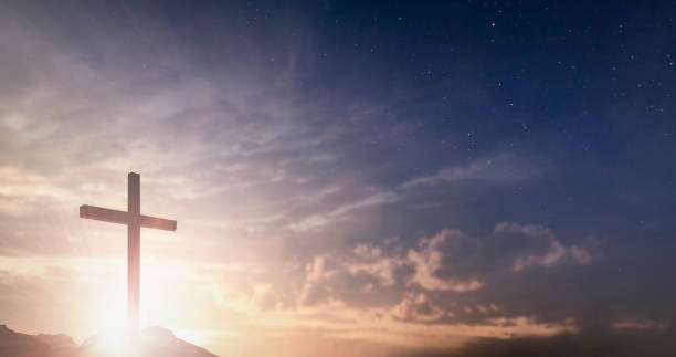 Jesus christ death on cross crucifixion on calvary hill in sunrise good Friday risen in easter day concept for Christian praise for holy spirit religious God, Catholic praying star dawn background. Jesus Christ death on cross crucifixion on calvary hill in sunrise good Friday risen in easter day concept for Christian praise for holy spirit religious God, Catholic praying star dawn background. resurrection sunday stock pictures, royalty-free photos & images