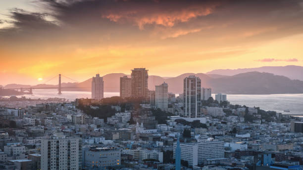 san francisco cityscape sunset panorama aerial view usa - bridge golden gate bridge cloud san francisco bay imagens e fotografias de stock