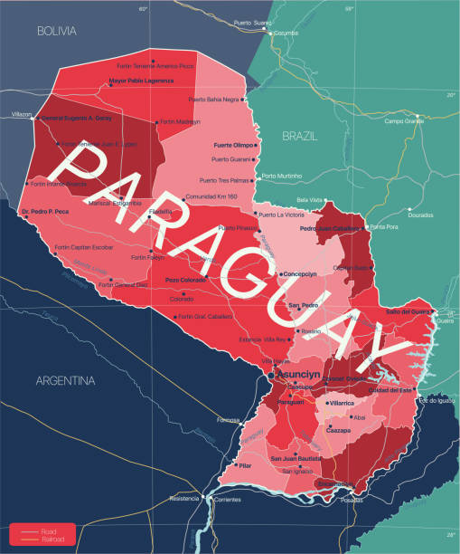 Paraguay country detailed editable map Paraguay country detailed editable map with regions cities and towns, roads and railways, geographic sites. Vector EPS-10 file resistencia stock illustrations