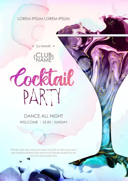 Vector illustration of Cocktail disco party poster. Artistic cosmopolitan cocktail silhouette with alcohol ink texture.  Marble texture background