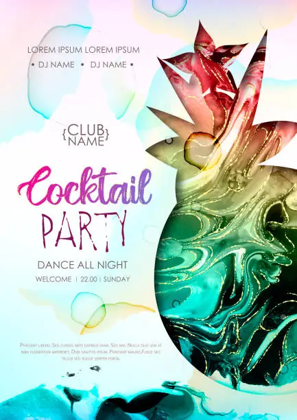 Vector illustration of Cocktail disco party poster. Artistic pina colada cocktail silhouette with alcohol ink texture.  Marble texture background