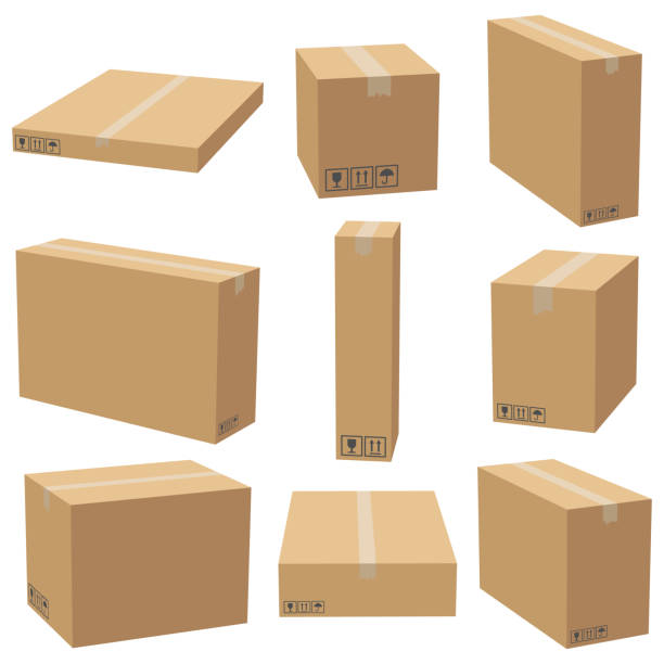 ilustraciones, imágenes clip art, dibujos animados e iconos de stock de juego de maquetas de cajas de cartón. caja de embalaje de entrega de cartón. ilustración vectorial 3d aislada - caja de cartón