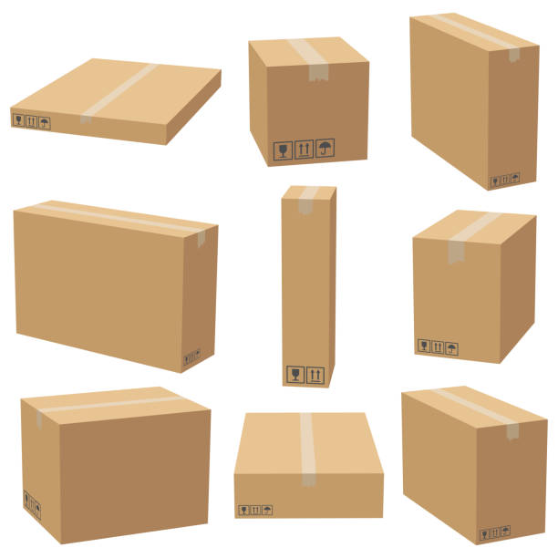 zestaw makiet kartonowych. pudełko na opakowania do dostawy kartonu. ilustracja wektorowa 3d izolowana - cardboard box package box label stock illustrations