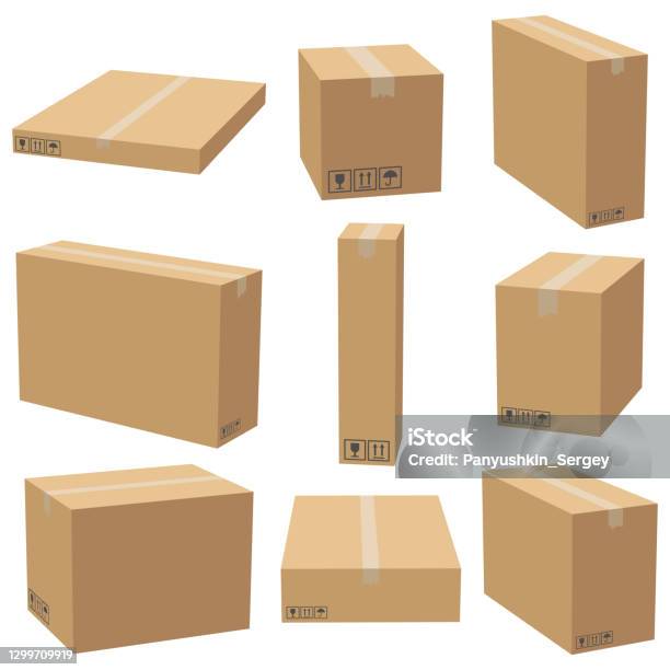 Set Of Cardboard Boxes Mockups Carton Delivery Packaging Box Vector 3d Illustration Isolated - Arte vetorial de stock e mais imagens de Caixa de Papelão