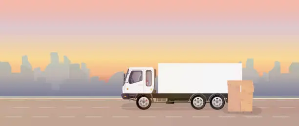 Vector illustration of Lorry and pallet with boxes. A truck is standing on the road. Carton boxes. The concept of delivery and loading of cargo. Vector.