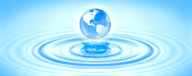 Économisez l’eau propre, monde de globe pour l’environnement, l’écologie, la nature, l’eau pure, soin de peau, gardez le concept de mer d’océan. Planète Terre tomber vague bleue faire de l’eau splash avec copie texte de l’espace Journée  - Photo