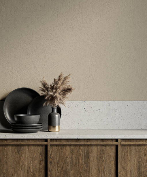 istock Beige kitchen interior with stone countertop and decor. 3d render illustration mock up. 1299714778