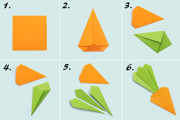 How to make Origami paper bookmark form of carrot for Easter greetings. Children's art project. DIY concept. Step by step photo instruction. How to make Origami paper bookmark form of carrot for Easter greetings. Children's art project. DIY concept. Step by step photo instruction origami instructions stock pictures, royalty-free photos & images