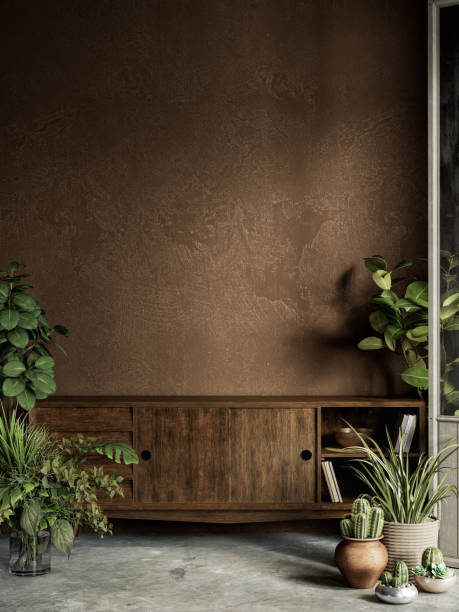 istock Brown interior with plants, dresser, stucco wall and decor. 3d render illustration mock up. 1299715135