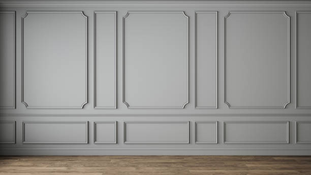 istock Modern classic gray empty interior with wall panels molding and wooden floor. 3d render illustration mock up. 1299715994