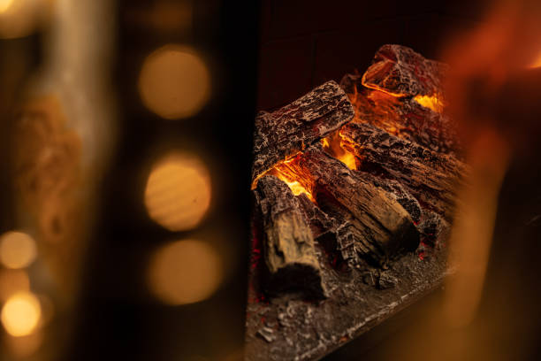 istock Close up of a fireplace with burning wood logs inside 1299716043