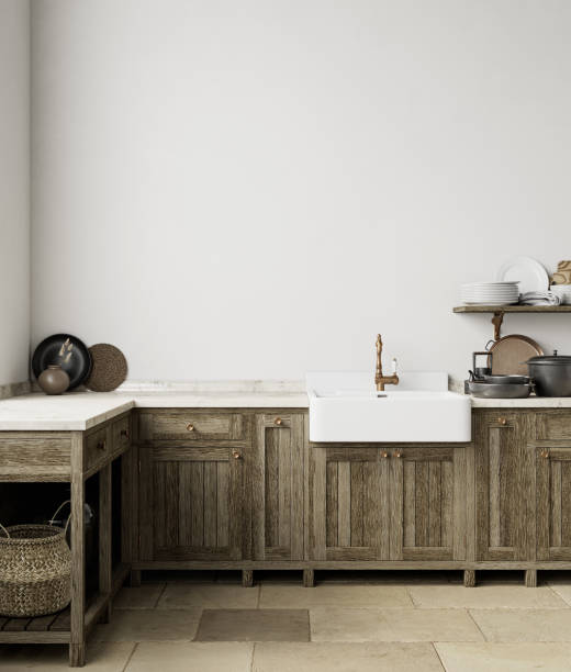 istock White kitchen interior with sink, furniture, dishes and decor. 3d render illustration mock up. 1299716149
