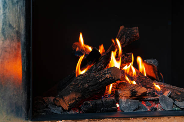 istock Wood logs burning in fireplace close up 1299717178