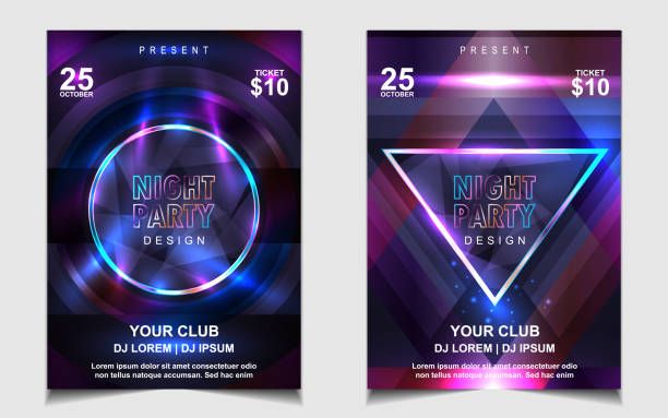 Night dance party music layout cover design template background with colorful dark blue glitters style. Light electro vector Can use for music event concert disco, club invitation, festival poster, flyer dance & electronic music stock illustrations