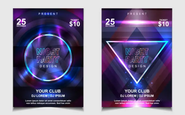 Vector illustration of Night dance party music layout cover design template background with colorful dark blue glitters style. Light electro vector