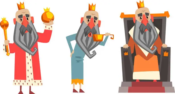 Vector illustration of Funny King Character Set, Old Comic Bald Bearded King Wearing Gold Crown, Mantel in Various Actions Cartoon Style Vector Illustration