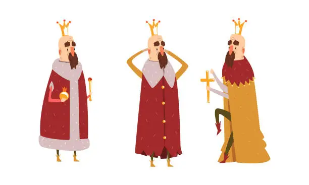 Vector illustration of Funny King Character Set, Old Comic Bald Bearded King Wearing Gold Crown and Mantel in Various Actions Cartoon Style Vector Illustration