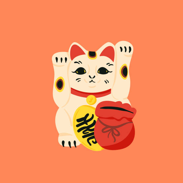 Maneki neko flat cartoon illustration. Japanese folklore symbol banner design. Asian culture, lucky cat, smiling kitty with gold coin printing card. maneki neko stock illustrations