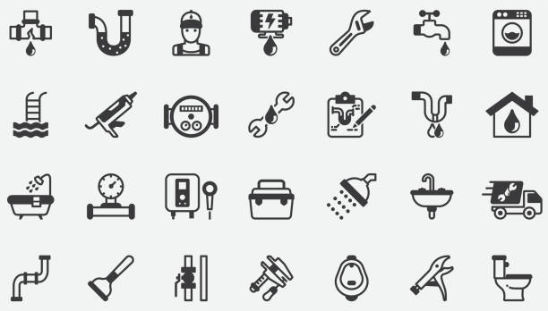 wasserservice, sanitär-konzept-icons - verstellbarer schraubenschlüssel stock-grafiken, -clipart, -cartoons und -symbole