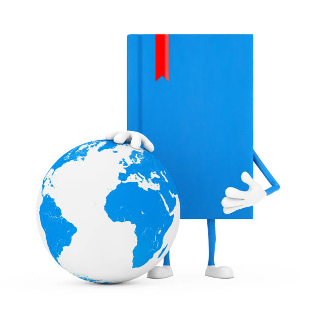 istock Blue Book Character Mascot with Earth Globe. 3d Rendering 1299725583