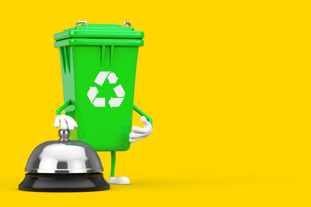 istock Recycle Sign Green Garbage Trash Bin Character Mascot with Hotel Service Bell Call. 3d Rendering 1299725627