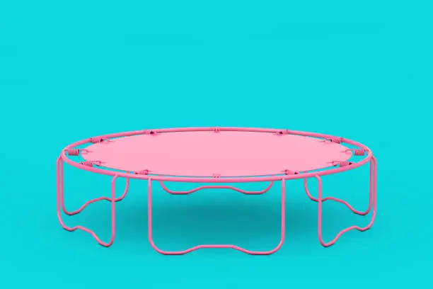 Pink Children's and Adult Round Sports Fitness Trampoline in Duotone Style on a blue background. 3d Rendering