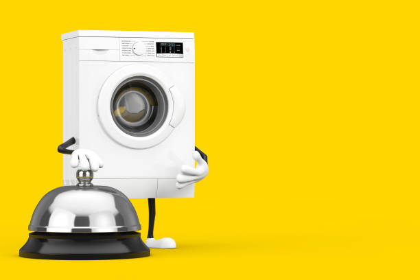 istock Modern White Washing Machine Character Mascot with Hotel Service Bell Call. 3d Rendering 1299725695