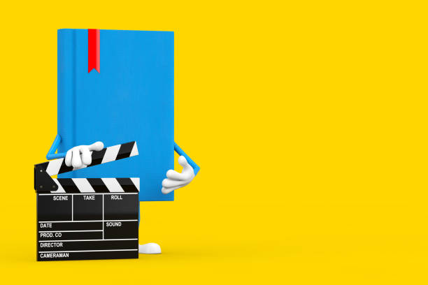 istock Blue Book Character Mascot with Movie Clapper Board. 3d Rendering 1299725797
