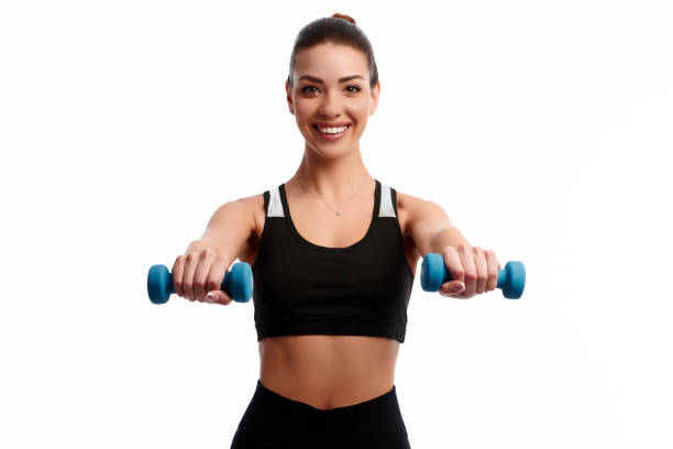 istock Attractive caucasian slim woman doing physical exercise using dumbbell isolated on white background 1299725842