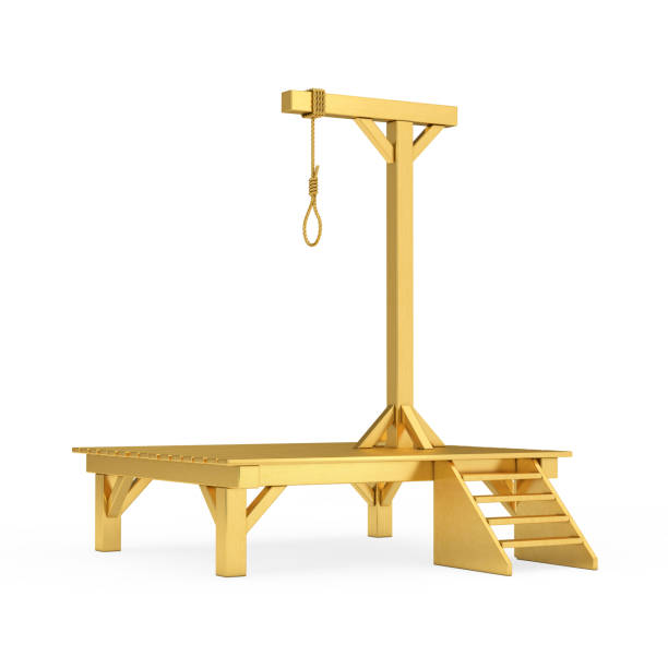 istock Golden Gallows with Hanging Noose Rope Tied Knot. 3d Rendering 1299725889