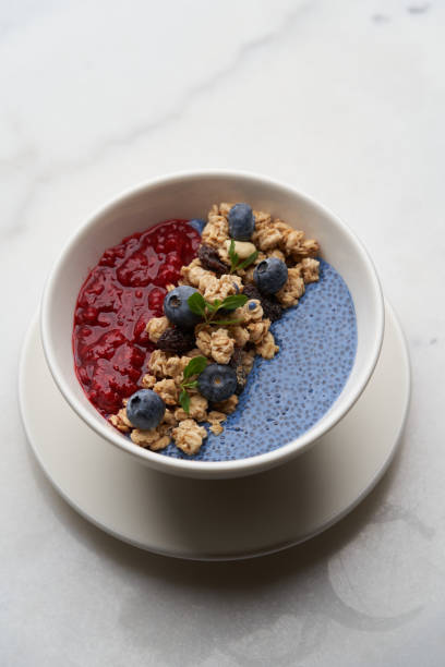 istock Breakfast smoothie bowl with granola on white background 1299726487