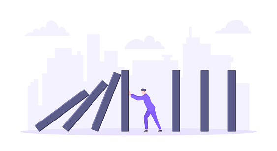 Domino effect or business resilience metaphor vector illustration concept. Adult young businessman pushing falling domino line business concept of problem solving and stopping domino chain reaction.