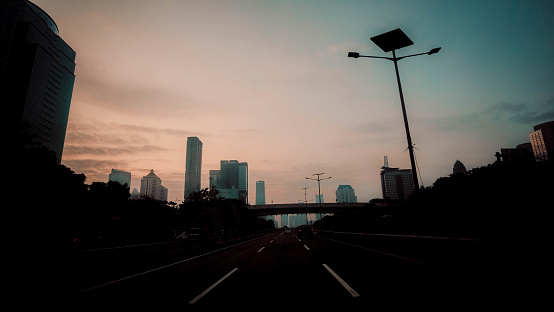 city at morning, hi way straght  view  epic sunrise color