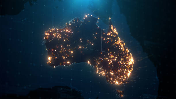 istock Night Map of Australia with City Lights Illumination 1299730320