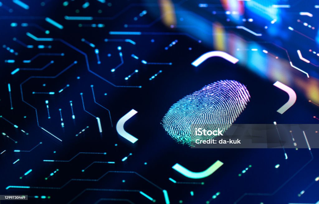 Fingerabdruck Biometrische Authentifizierungstaste. Digitales Sicherheitskonzept - Lizenzfrei Netzwerksicherheit Stock-Foto