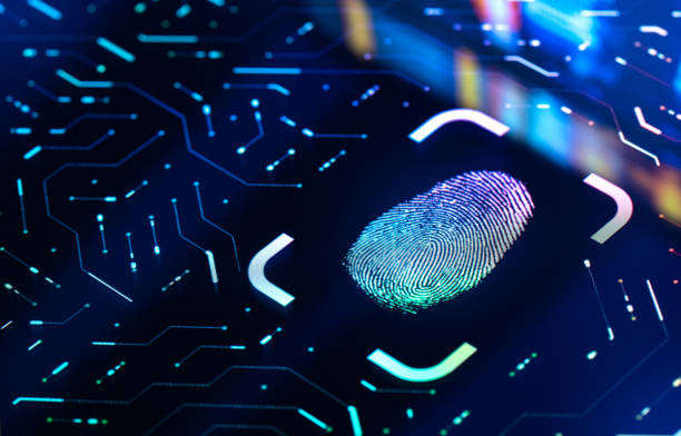 fingerabdruck biometrische authentifizierungstaste. digitales sicherheitskonzept - fingerabdruck fotos stock-fotos und bilder