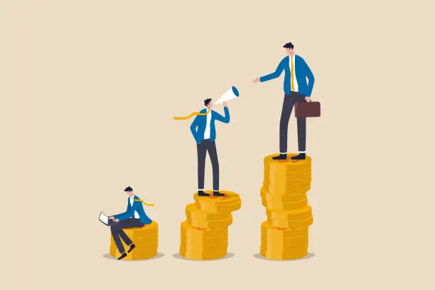 Vector illustration of Income gap, inequality revenue in capitalism or career development to earn more income, middle income trap concept, businessman poor, middle and rich worker standing on stack of their wealth coins.