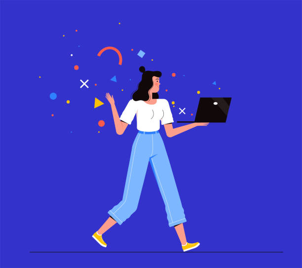 Young woman freelancer walks and holds a laptop in her hands. Concept of remote work, training, online shopping Young woman freelancer walks and holds a laptop in her hands. The concept of remote work, training, online shopping and internet search. Vector illustration designer stock illustrations