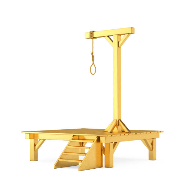 Golden Gallows with Hanging Noose Rope Tied Knot on a white background. 3d Rendering