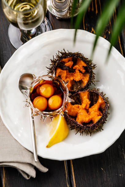 Fresh opened Sea Urchins with quail egg and soy sauce on white plate on black wooden background Fresh opened Sea Urchins with quail egg and soy sauce on white plate on black wooden background sea urchin stock pictures, royalty-free photos & images