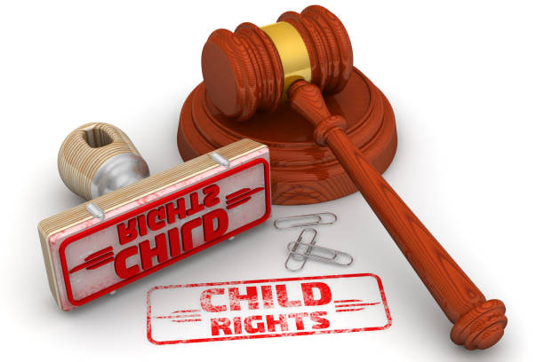 Child rights. The stamp and an imprint Wooden stamp and red imprint CHILD RIGHTS with judge's hammer on white surface. 3D illustration childrens rights stock pictures, royalty-free photos & images