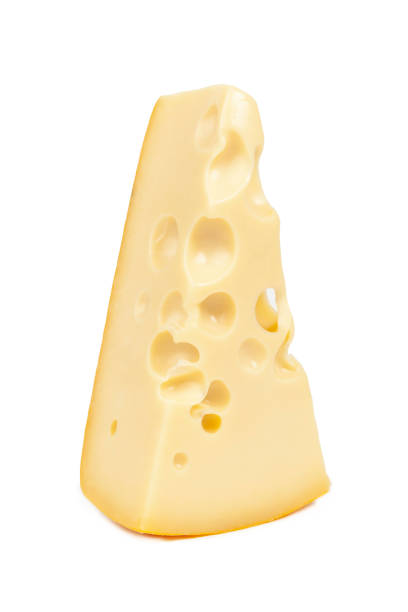 pezzo di formaggio a forma di cuneo con fori isolati su sfondo bianco - cheese isolated portion dutch culture foto e immagini stock