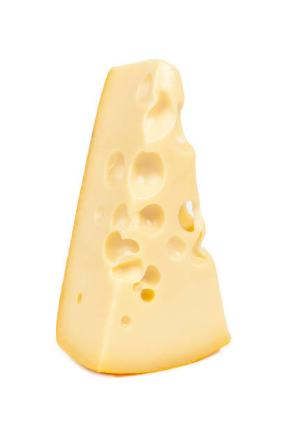 kawałek sera w kształcie klina z otworami wyizolowanymi na białym tle - cheese portion swiss culture swiss cheese zdjęcia i obrazy z banku zdjęć