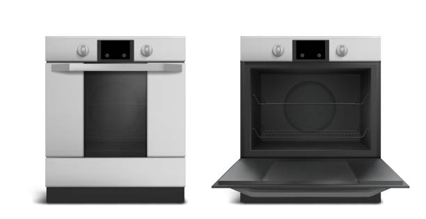 Oven, electric appliances, open or closed stove Oven, electric kitchen appliances, open or closed stove front view. Household technics with digital display and switches. Home tech equipment isolated white background realistic 3d vector illustration oven dials stock illustrations