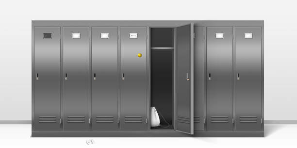 Steel lockers, vector school or gym changing room Steel lockers, vector school or gym changing room metal cabinets. Row of grey storage furniture with closed and open doors, sport bag inside and name plates in college hall, Realistic 3d illustration high school sports stock illustrations